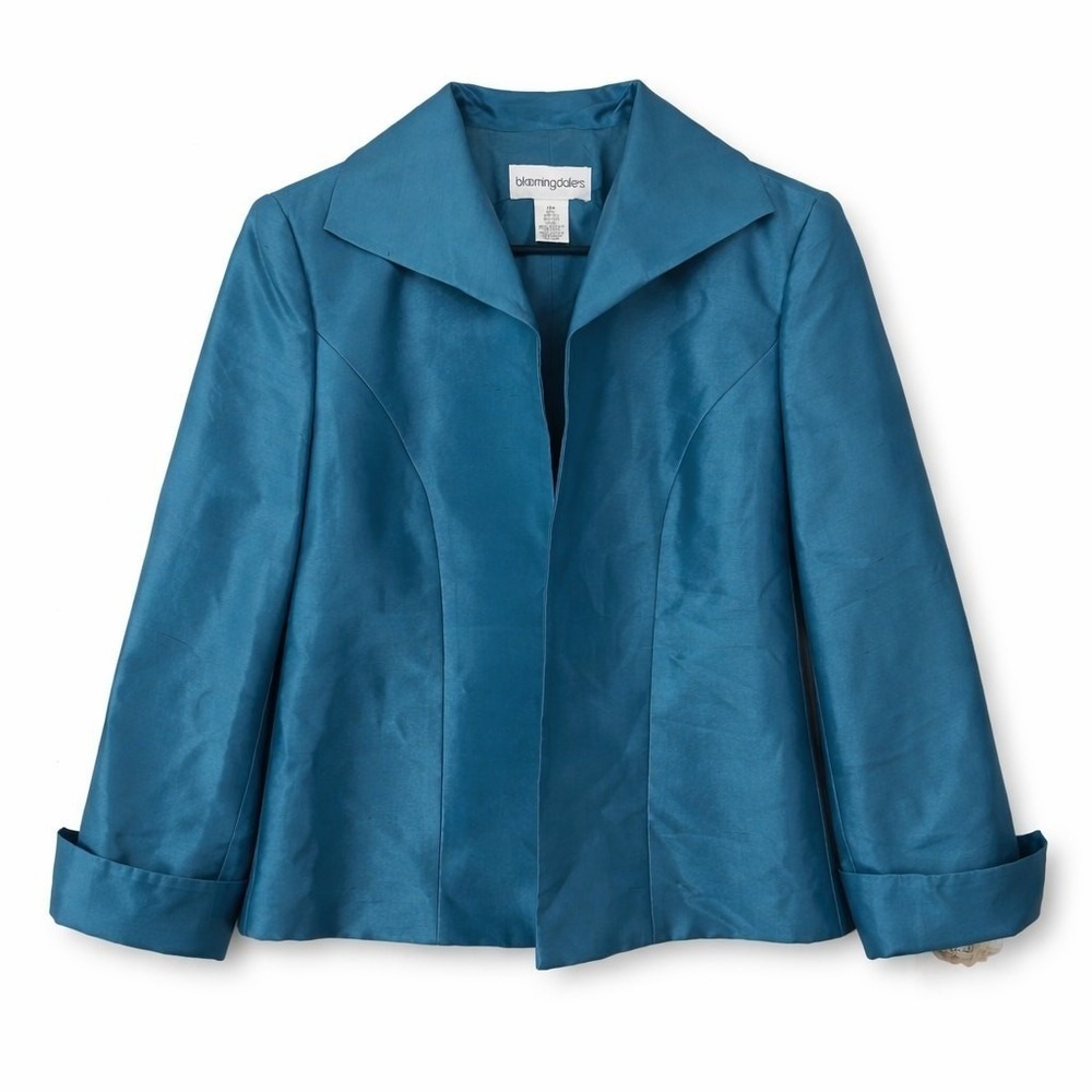 Silk Wool Evening Blazer Jacket Teal Blue Open Front Cuffed 14P Quiet Luxury
